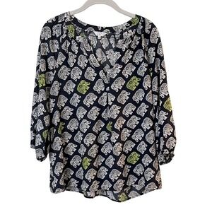 Crown &‎ Ivy Elephant Print Blouse V-Neck 3/4 Sleeve Top Bohemian